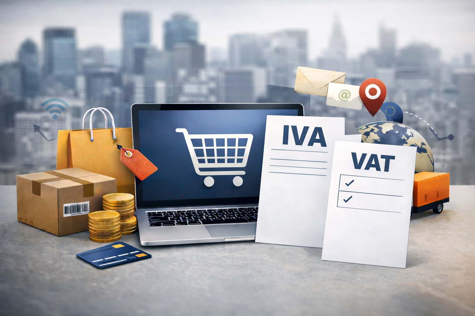 Computador portátil com carrinho de compras online na tela, documentos de IVA, calculadora, moedas e caixas de encomendas, representando o IVA no comércio eletrónico.